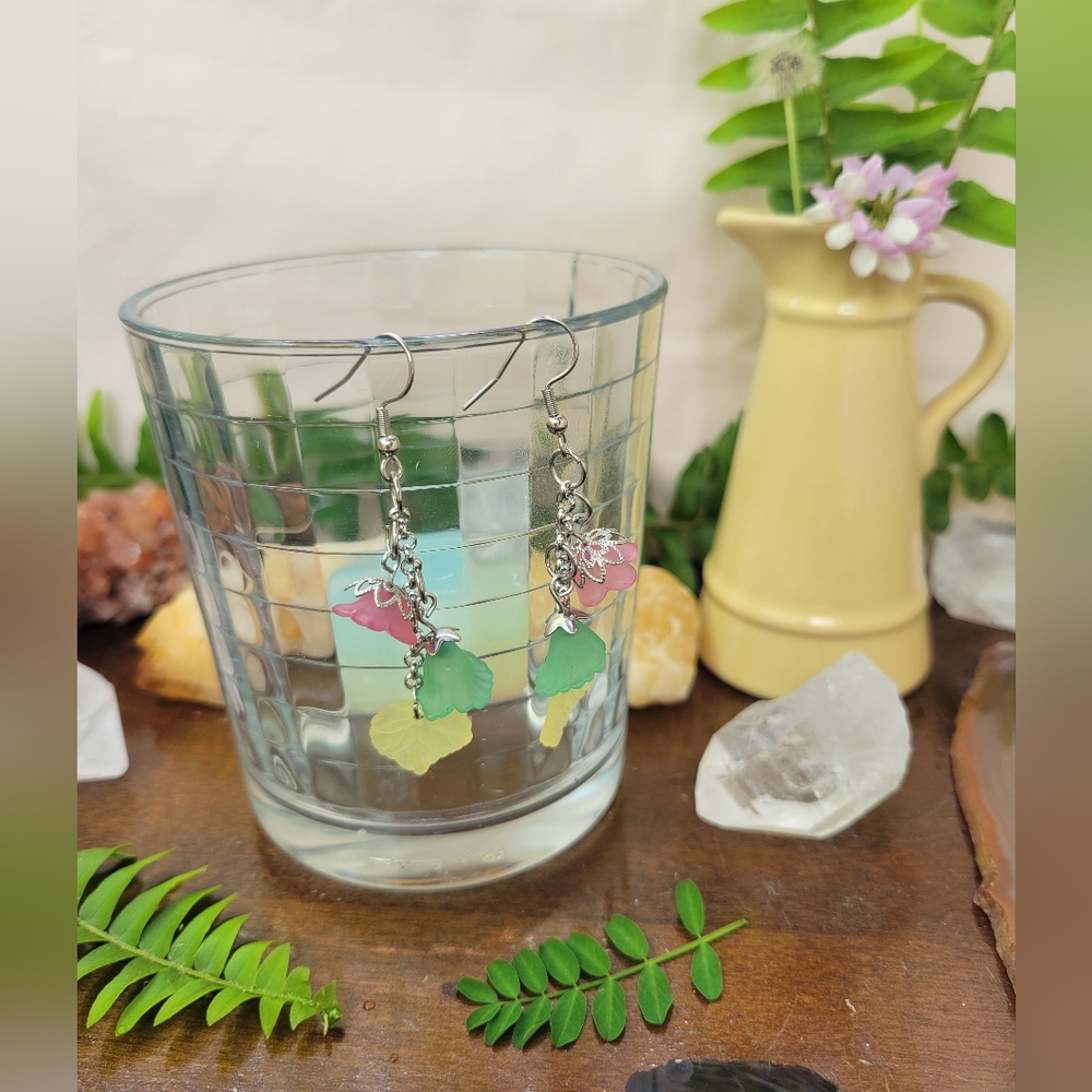 Pink/Green/Yellow Fairy Bloom Earrings - Stainless Steel
